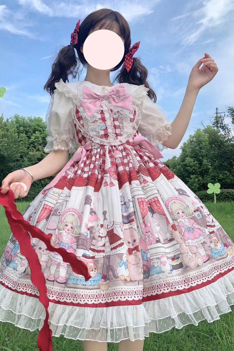 Lolita Jumper Skirt - Plush Bear And Doll Print, Red, Ruffled, Printed, Sweet Style - additional product view 6