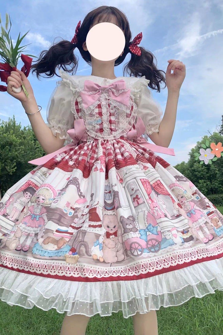 Lolita Jumper Skirt - Plush Bear And Doll Print, Red, Ruffled, Printed, Sweet Style - additional product view 7