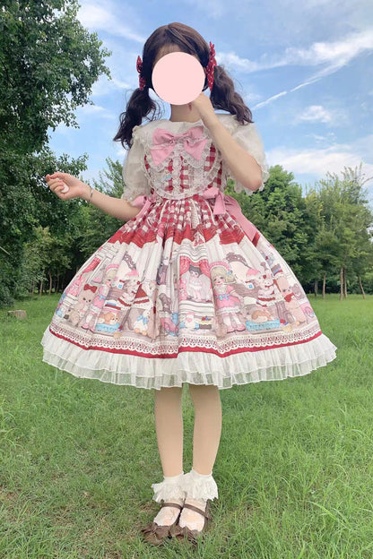 Lolita Jumper Skirt - Plush Bear And Doll Print, Red, Ruffled, Printed, Sweet Style - main product image
