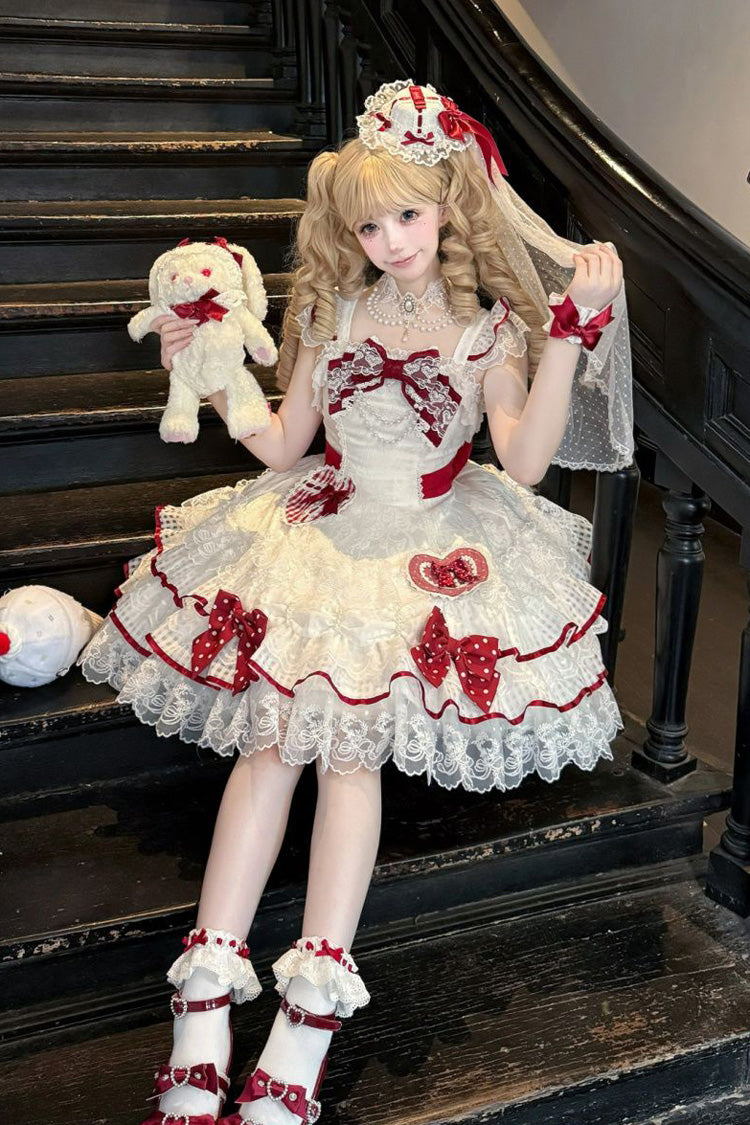 Lolita Jumper Skirt - Polka-dot Love Letter, White, Layered, Sweet Style, Bow Detail - additional product view 2