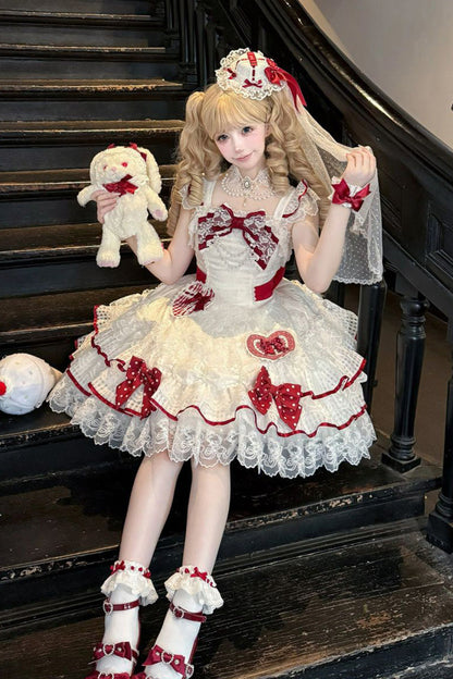 Lolita Jumper Skirt - Polka-dot Love Letter, White, Layered, Sweet Style, Bow Detail - additional product view 2