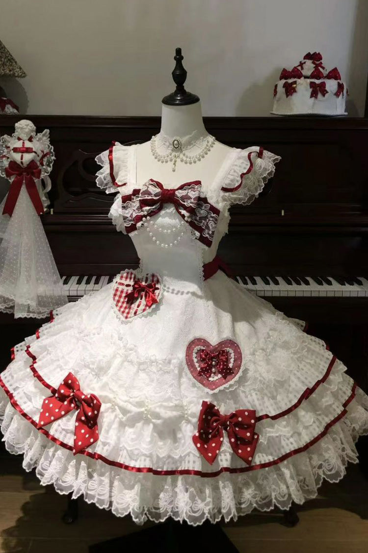 Lolita Jumper Skirt - Polka-dot Love Letter, White, Layered, Sweet Style, Bow Detail - additional product view 3