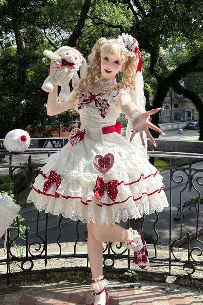 Lolita Jumper Skirt - Polka-dot Love Letter, White, Layered, Sweet Style, Bow Detail - additional product view 4