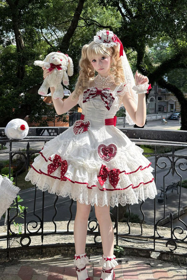 Lolita Jumper Skirt - Polka-dot Love Letter, White, Layered, Sweet Style, Bow Detail - additional product view 5