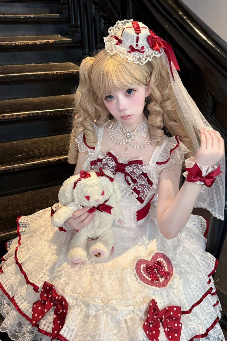Lolita Jumper Skirt - Polka-dot Love Letter, White, Layered, Sweet Style, Bow Detail - additional product view 6