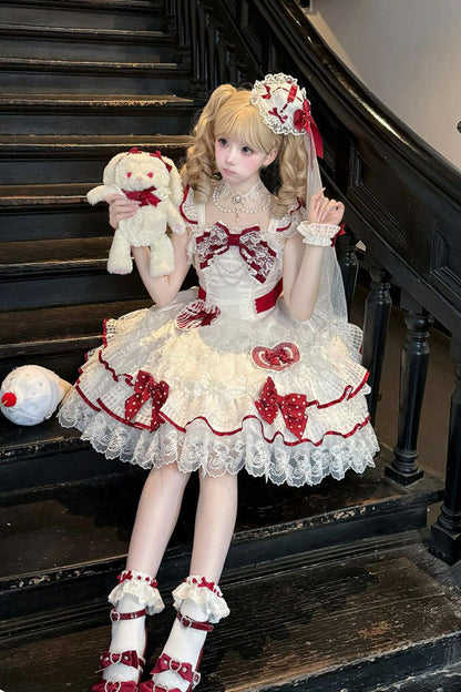 Lolita Jumper Skirt - Polka-dot Love Letter, White, Layered, Sweet Style, Bow Detail - additional product view 7