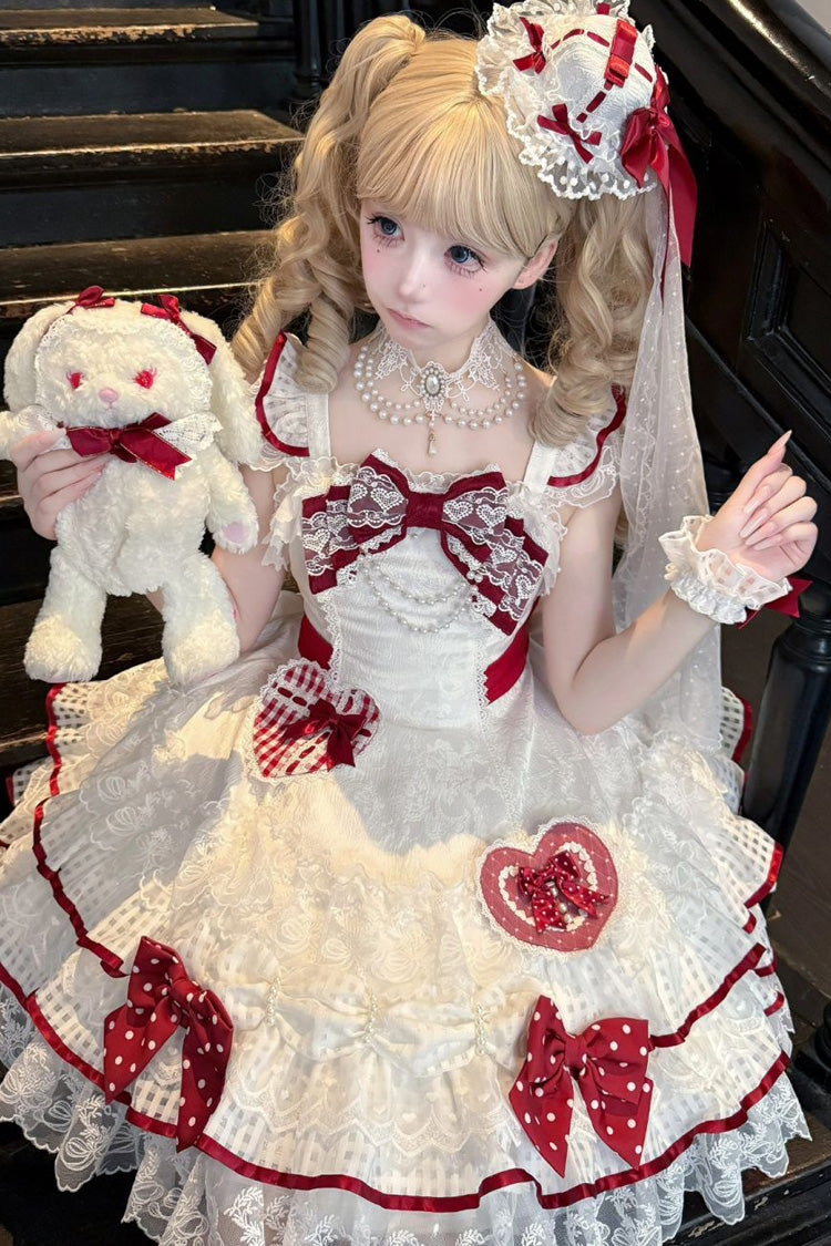 Lolita Jumper Skirt - Polka-dot Love Letter, White, Layered, Sweet Style, Bow Detail - additional product view 8
