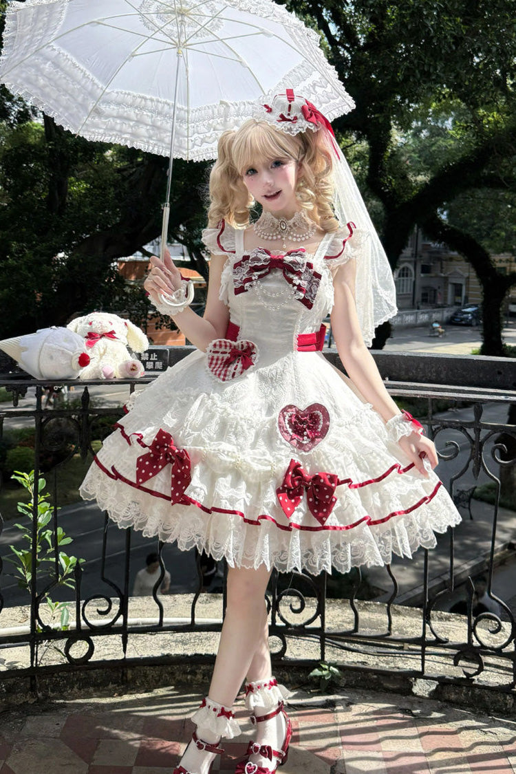 Lolita Jumper Skirt - Polka-dot Love Letter, White, Layered, Sweet Style, Bow Detail - additional product view 9