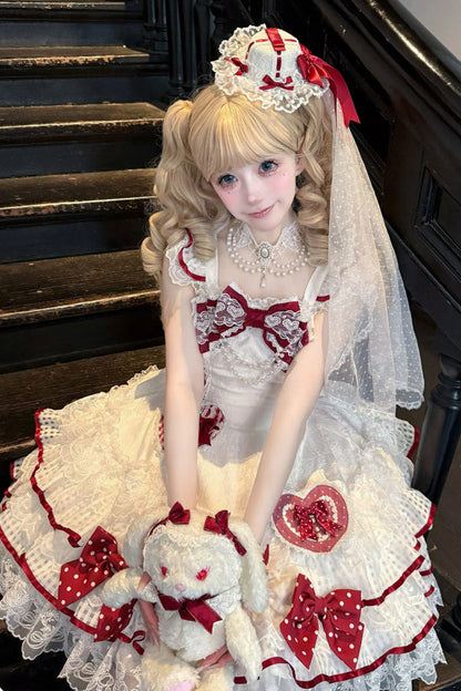 Lolita Jumper Skirt - Polka-dot Love Letter, White, Layered, Sweet Style, Bow Detail - additional product view 10