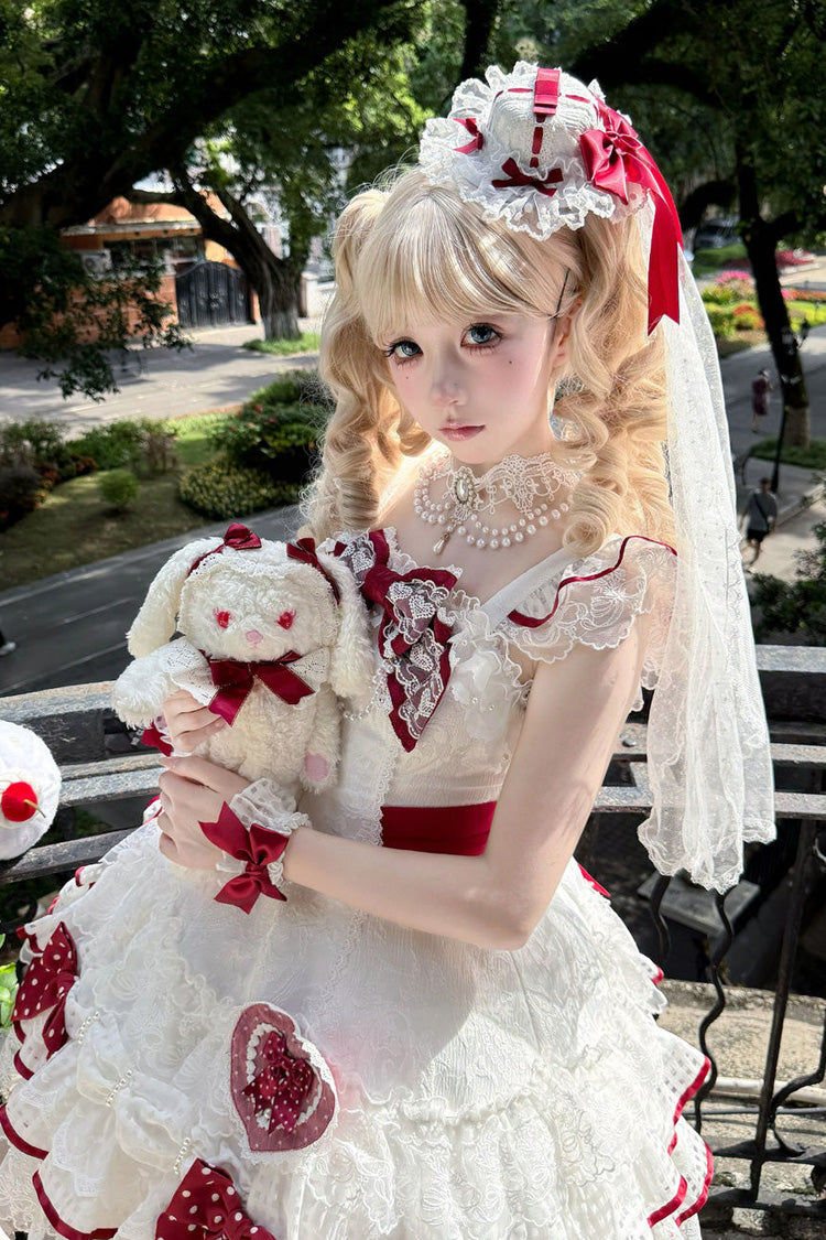 Lolita Jumper Skirt - Polka-dot Love Letter, White, Layered, Sweet Style, Bow Detail - additional product view 11