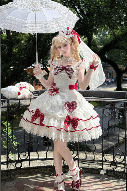 Lolita Jumper Skirt - Polka-dot Love Letter, White, Layered, Sweet Style, Bow Detail - additional product view 12
