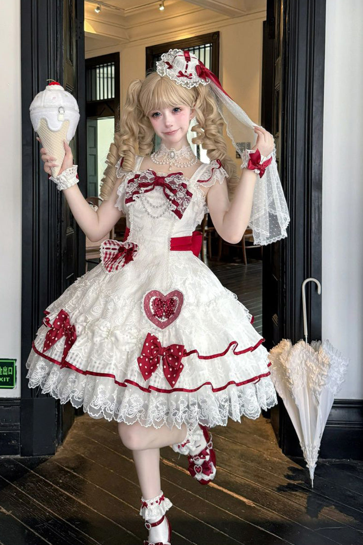 Lolita Jumper Skirt - Polka-dot Love Letter, White, Layered, Sweet Style, Bow Detail - main product image