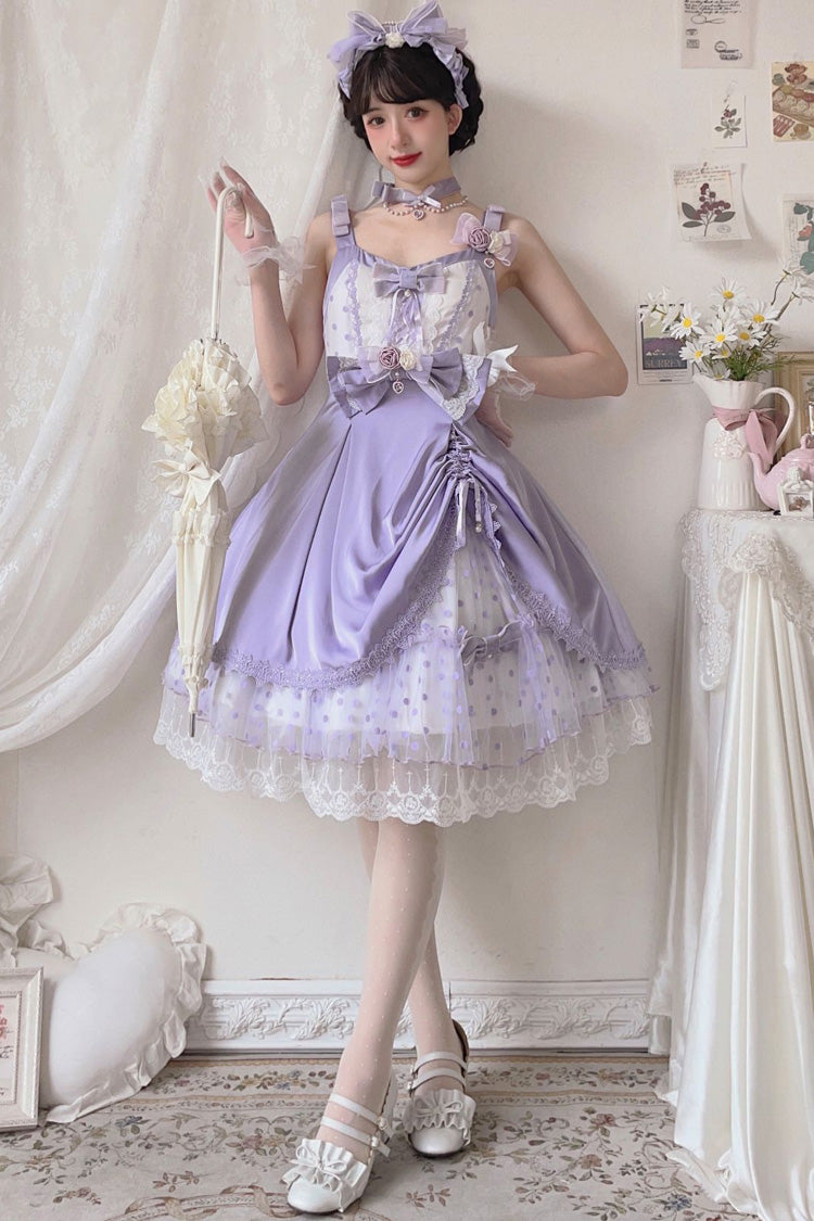 Lolita Jumper Skirt - Polka Waltz, Purple, Sweet Style, Bow Detail, Lace Trim - additional product view 2