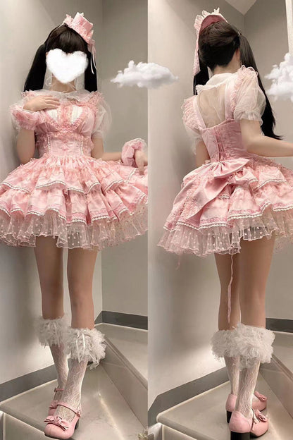Lolita Jumper Skirt - Pray For Dopamine Multi-layer, Pink, Ruffled, Sweet Style, Lace Trim - additional product view 2