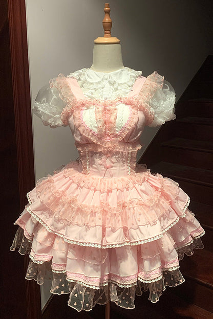 Lolita Jumper Skirt - Pray For Dopamine Multi-layer, Pink, Ruffled, Sweet Style, Lace Trim - additional product view 3