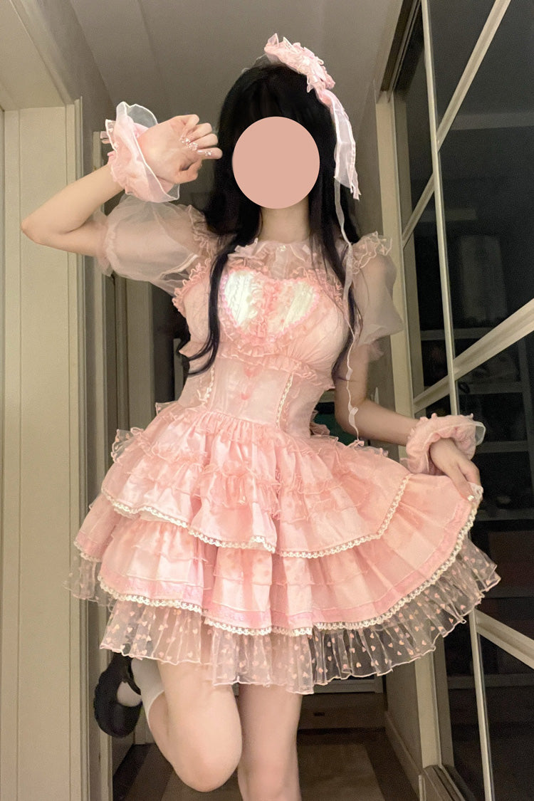 Lolita Jumper Skirt - Pray For Dopamine Multi-layer, Pink, Ruffled, Sweet Style, Lace Trim - main product image