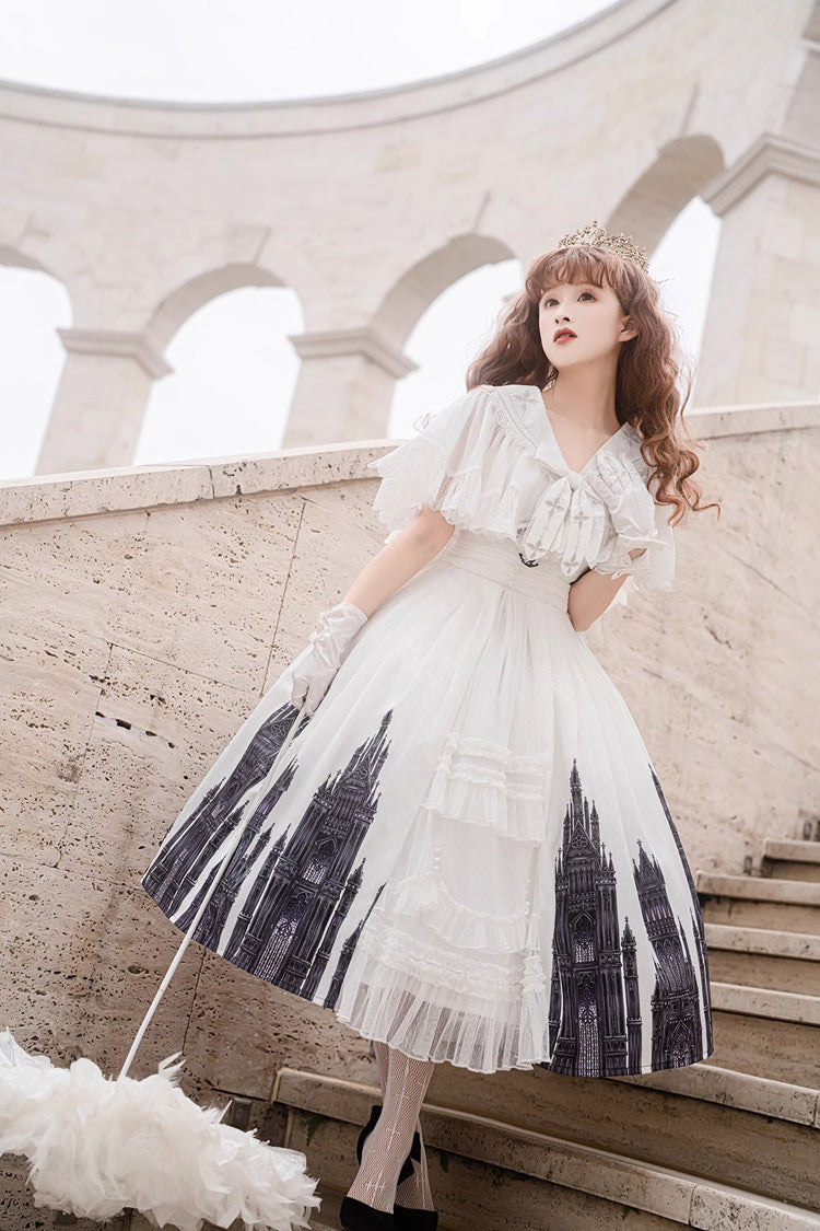 Lolita Jumper Skirt - Print Lace Vintage Princess, White, Gothic Style, Lace Trim, Printed - additional product view 2