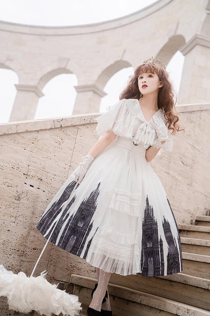Lolita Jumper Skirt - Print Lace Vintage Princess, White, Gothic Style, Lace Trim, Printed - additional product view 2