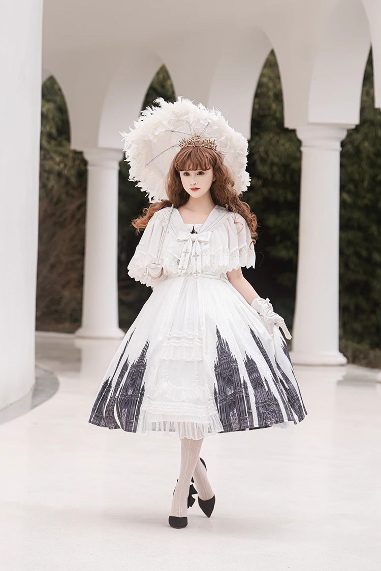 Lolita Jumper Skirt - Print Lace Vintage Princess, White, Gothic Style, Lace Trim, Printed - additional product view 3