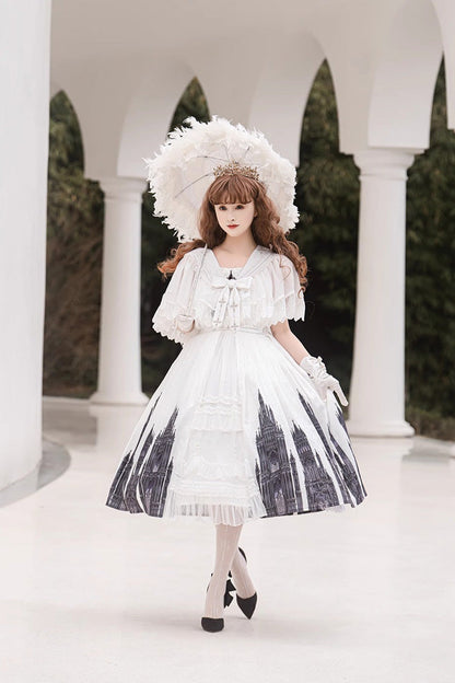 Lolita Jumper Skirt - Print Lace Vintage Princess, White, Gothic Style, Lace Trim, Printed - additional product view 3