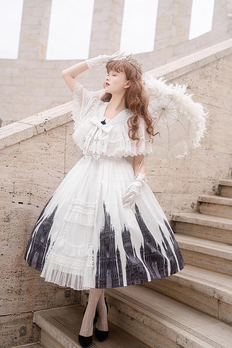 Lolita Jumper Skirt - Print Lace Vintage Princess, White, Gothic Style, Lace Trim, Printed - additional product view 4