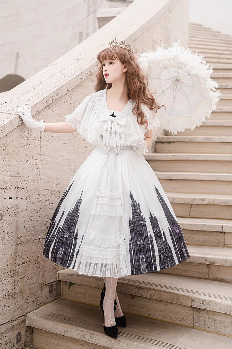Lolita Jumper Skirt - Print Lace Vintage Princess, White, Gothic Style, Lace Trim, Printed - additional product view 6