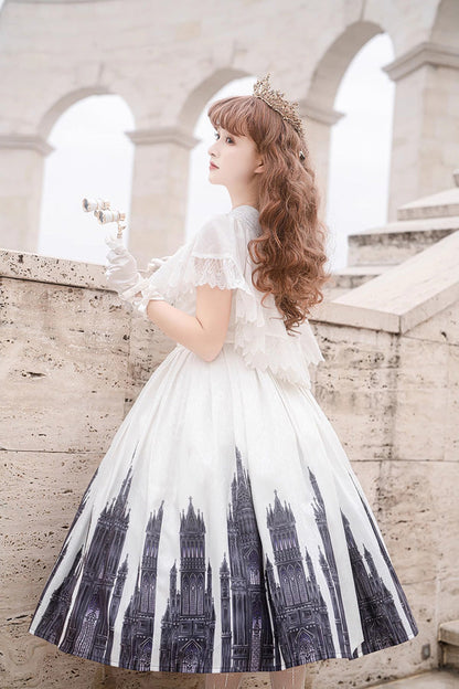 Lolita Jumper Skirt - Print Lace Vintage Princess, White, Gothic Style, Lace Trim, Printed - additional product view 7