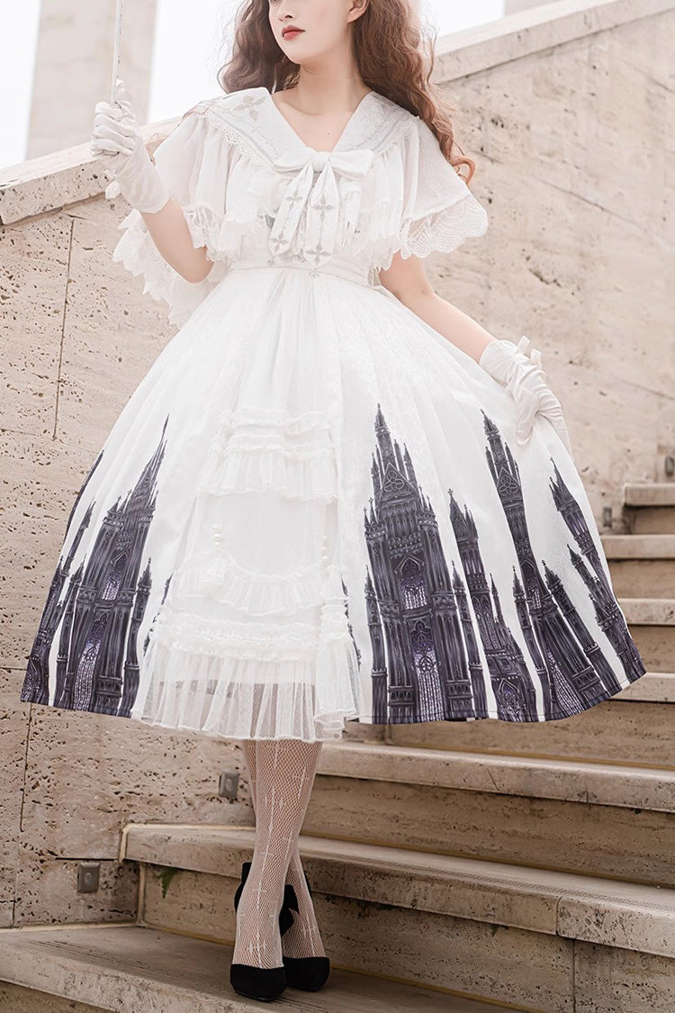Lolita Jumper Skirt - Print Lace Vintage Princess, White, Gothic Style, Lace Trim, Printed - main product image
