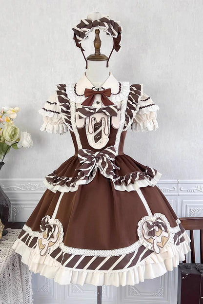 Lolita Jumper Skirt - Print Ruffle Bowknot Princess, Brown, Printed, Sweet Style - additional product view 2