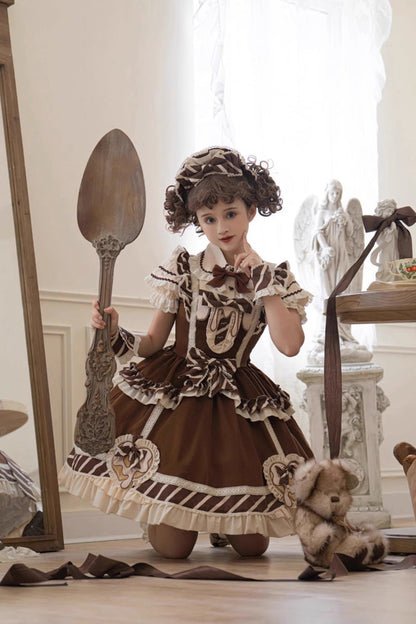 Lolita Jumper Skirt - Print Ruffle Bowknot Princess, Brown, Printed, Sweet Style - additional product view 5