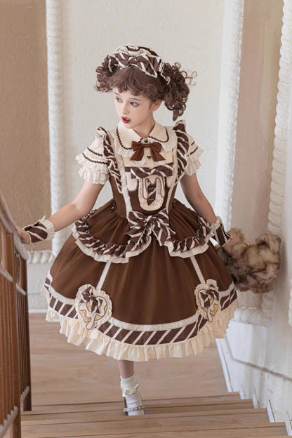 Lolita Jumper Skirt - Print Ruffle Bowknot Princess, Brown, Printed, Sweet Style - additional product view 7