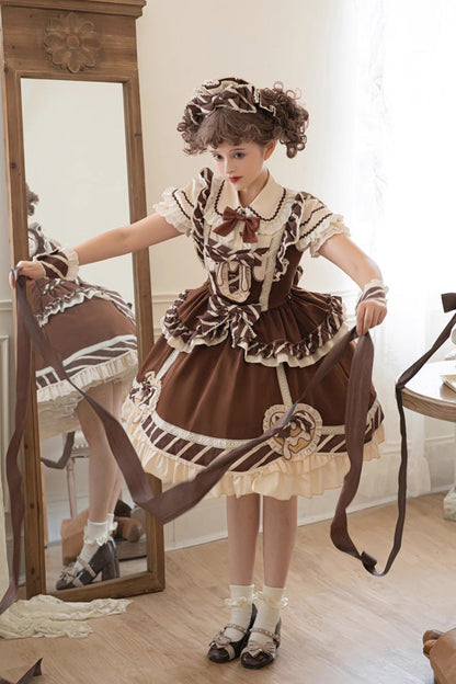 Lolita Jumper Skirt - Print Ruffle Bowknot Princess, Brown, Printed, Sweet Style - additional product view 8