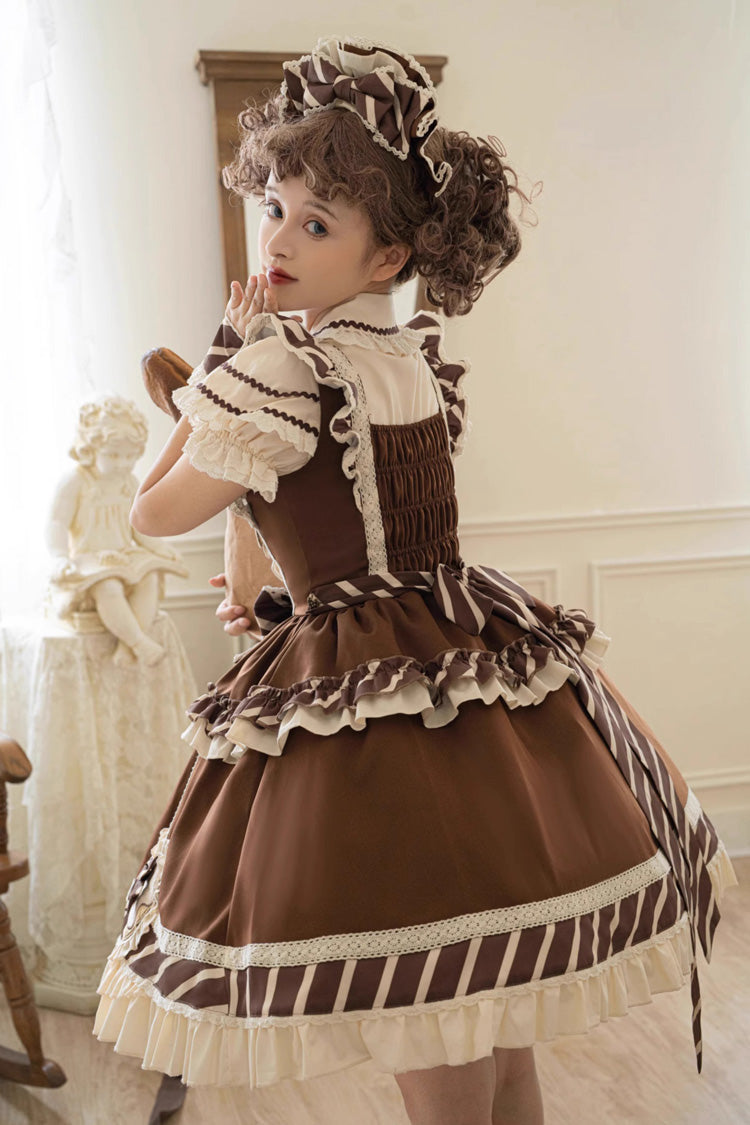 Lolita Jumper Skirt - Print Ruffle Bowknot Princess, Brown, Printed, Sweet Style - additional product view 11
