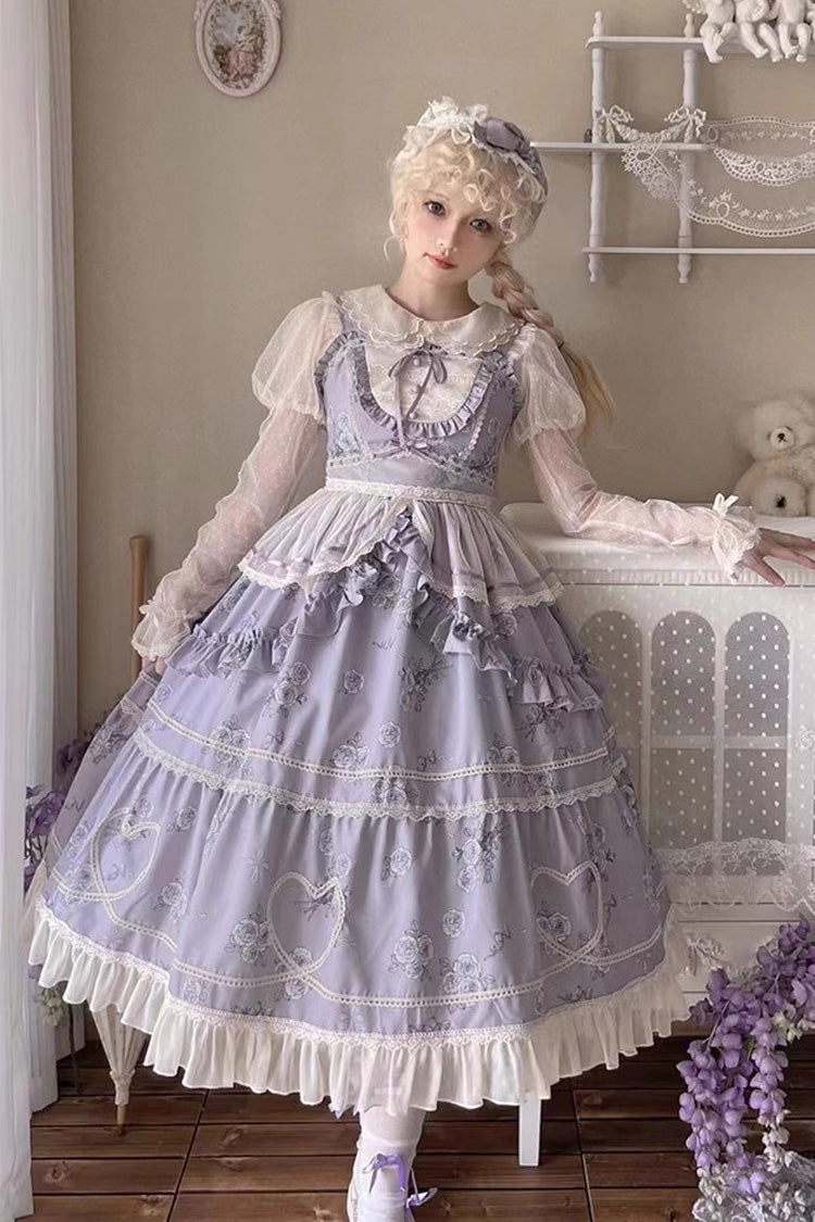 Lolita Jumper Skirt - Psalm Rose Doll Collar Print, 2 Colors, Sweet Style, Ruffled - additional product view 3