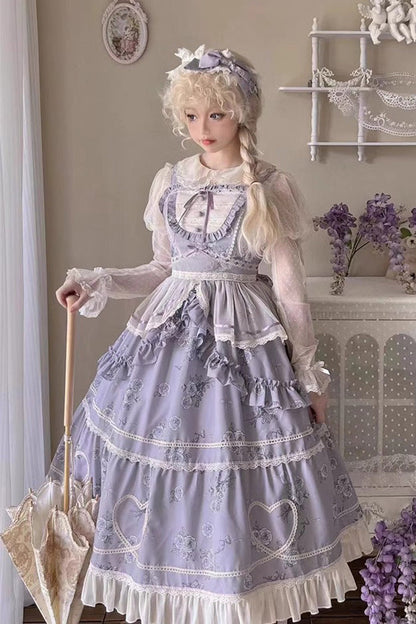 Lolita Jumper Skirt - Psalm Rose Doll Collar Print, 2 Colors, Sweet Style, Ruffled - additional product view 4