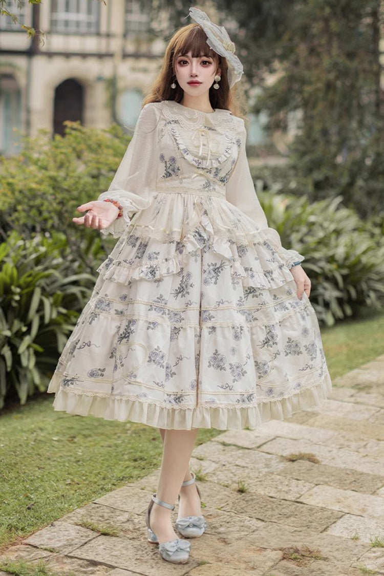 Lolita Jumper Skirt - Psalm Rose Doll Collar Print, 2 Colors, Sweet Style, Ruffled - additional product view 7
