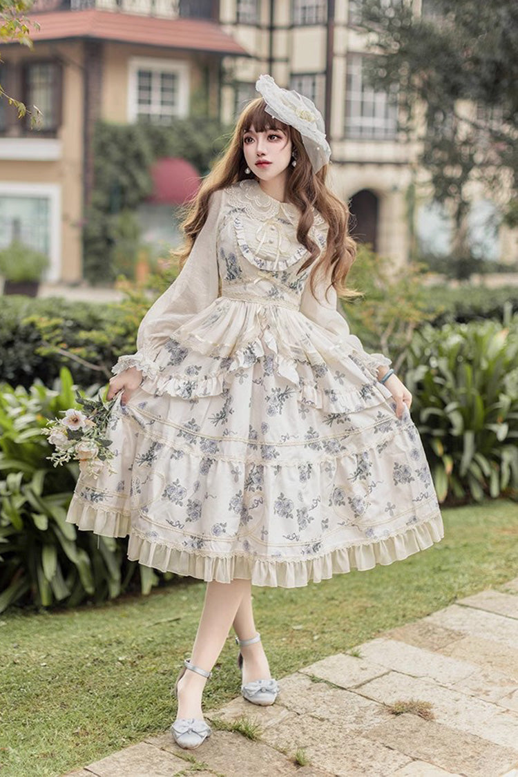 Lolita Jumper Skirt - Psalm Rose Doll Collar Print, 2 Colors, Sweet Style, Ruffled - additional product view 9