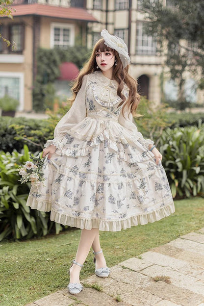 Lolita Jumper Skirt - Psalm Rose Doll Collar Print, 2 Colors, Sweet Style, Ruffled - additional product view 9
