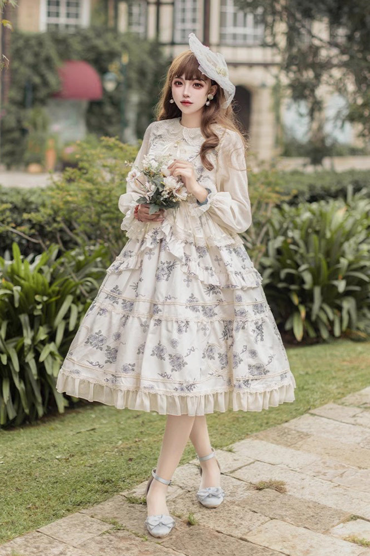 Lolita Jumper Skirt - Psalm Rose Doll Collar Print, 2 Colors, Sweet Style, Ruffled - additional product view 10