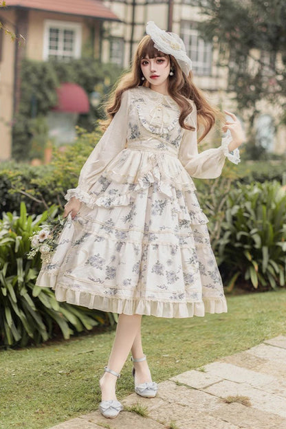Lolita Jumper Skirt - Psalm Rose Doll Collar Print, 2 Colors, Sweet Style, Ruffled - S Apricot / L Apricot option