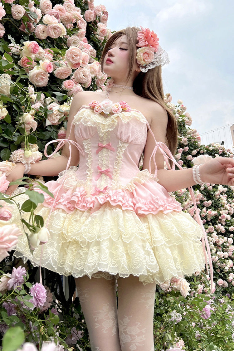 Lolita Jumper Skirt - Pure Dream Flower Love, Pink, Bow Detail, Lace Trim, Ruffled - additional product view 3
