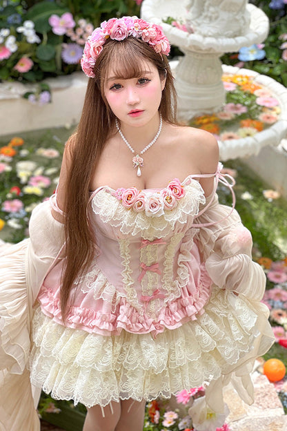 Lolita Jumper Skirt - Pure Dream Flower Love, Pink, Bow Detail, Lace Trim, Ruffled - additional product view 4