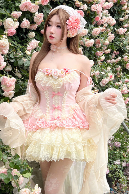 Lolita Jumper Skirt - Pure Dream Flower Love, Pink, Bow Detail, Lace Trim, Ruffled - main product image