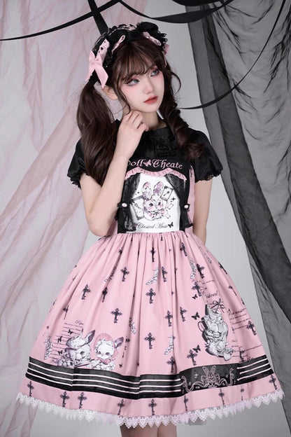 Lolita Jumper Skirt - Rabbit Doll Theater Print, Pink, Printed, Sweet Style - additional product view 4