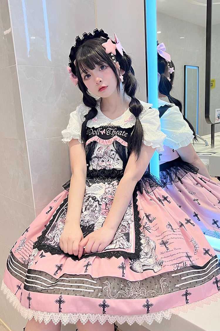 Lolita Jumper Skirt - Rabbit Doll Theater Print, Pink, Printed, Sweet Style - additional product view 5