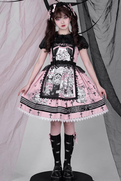 Lolita Jumper Skirt - Rabbit Doll Theater Print, Pink, Printed, Sweet Style - additional product view 7