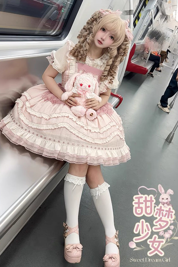 Lolita Jumper Skirt - Rabbit Print, Pink, Bow Detail, Lace Trim, Ruffled - additional product view 2