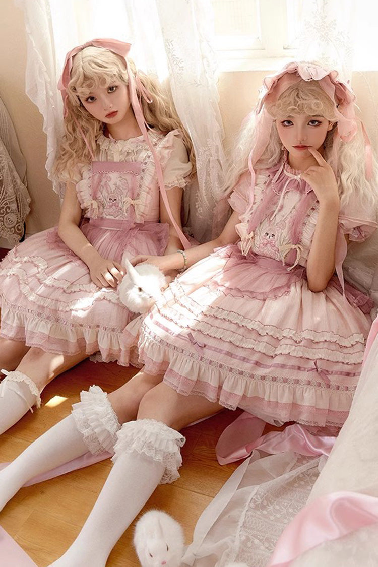 Lolita Jumper Skirt - Rabbit Print, Pink, Bow Detail, Lace Trim, Ruffled - additional product view 5