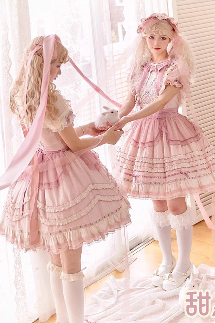 Lolita Jumper Skirt - Rabbit Print, Pink, Bow Detail, Lace Trim, Ruffled - additional product view 6