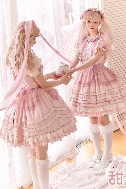 Lolita Jumper Skirt - Rabbit Print, Pink, Bow Detail, Lace Trim, Ruffled - additional product view 6